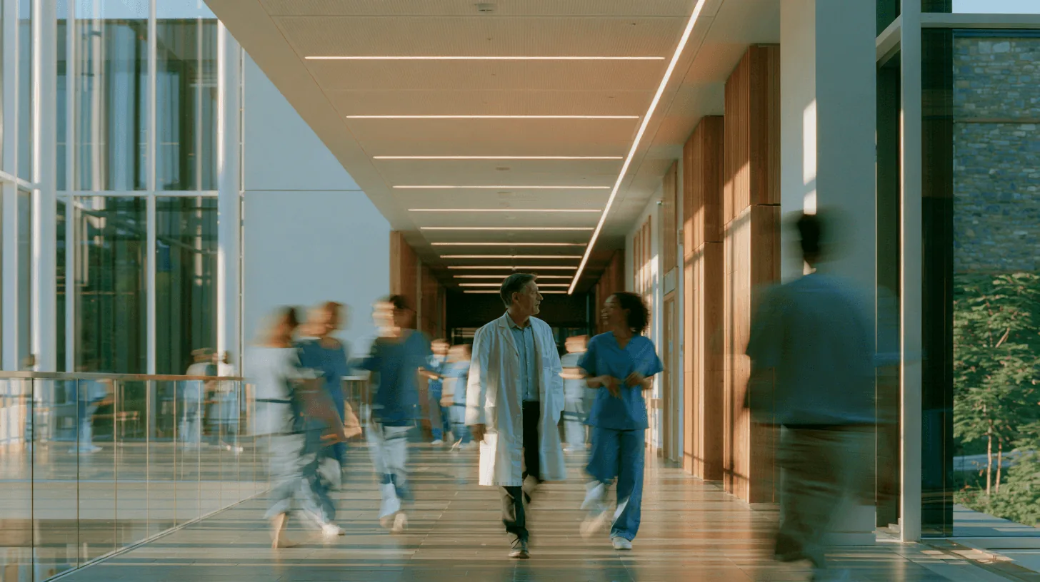 A clinician and a nurse walking through a sunlit hospital corridor
